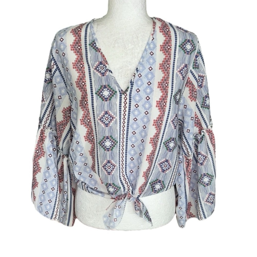 Lavender Field Aztec Print Bell Sleeve Tie Front Cropped Blouse - M